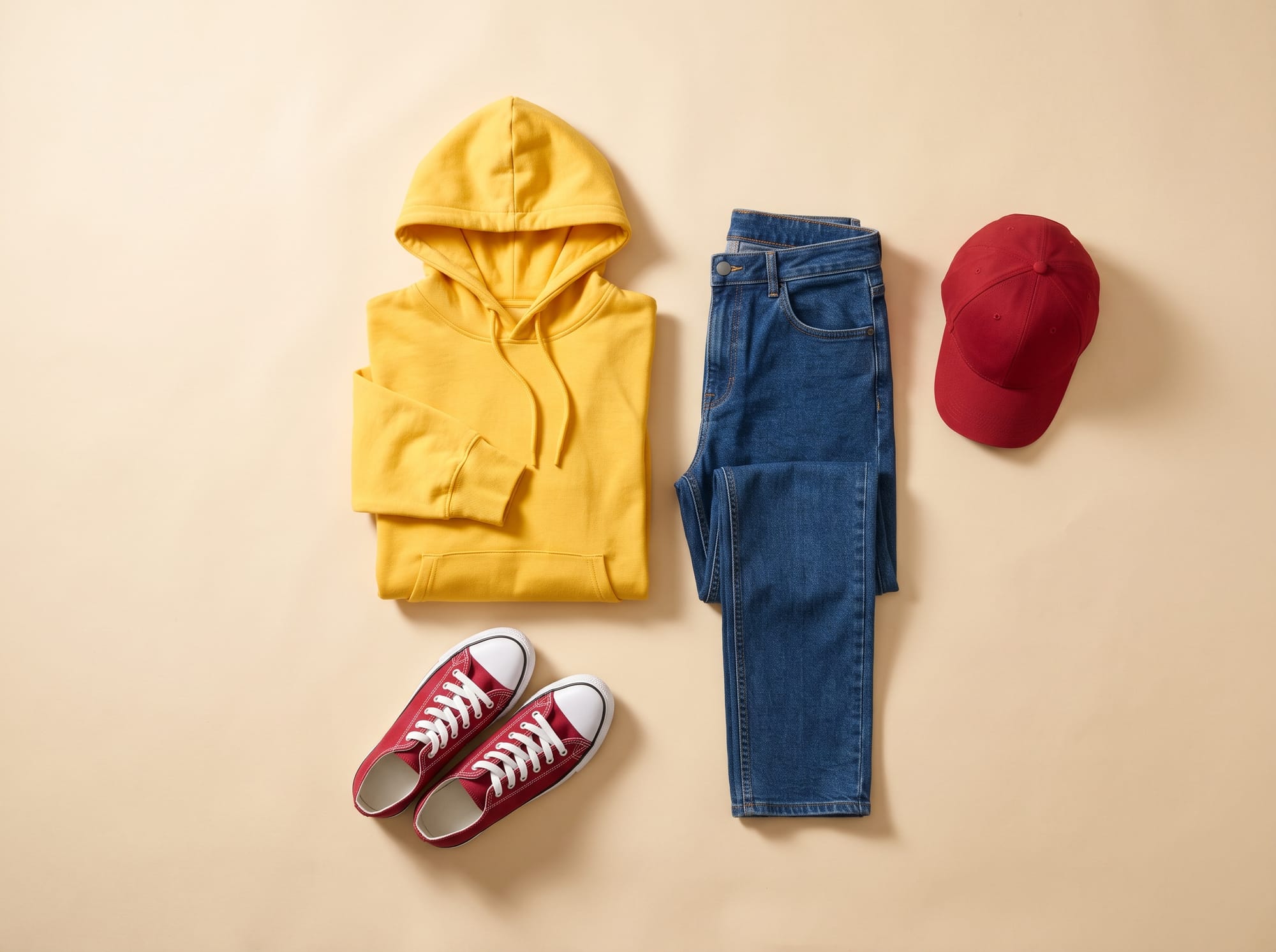 Flat lay of a yellow hoodie, blue jeans, red sneakers and a red cap.