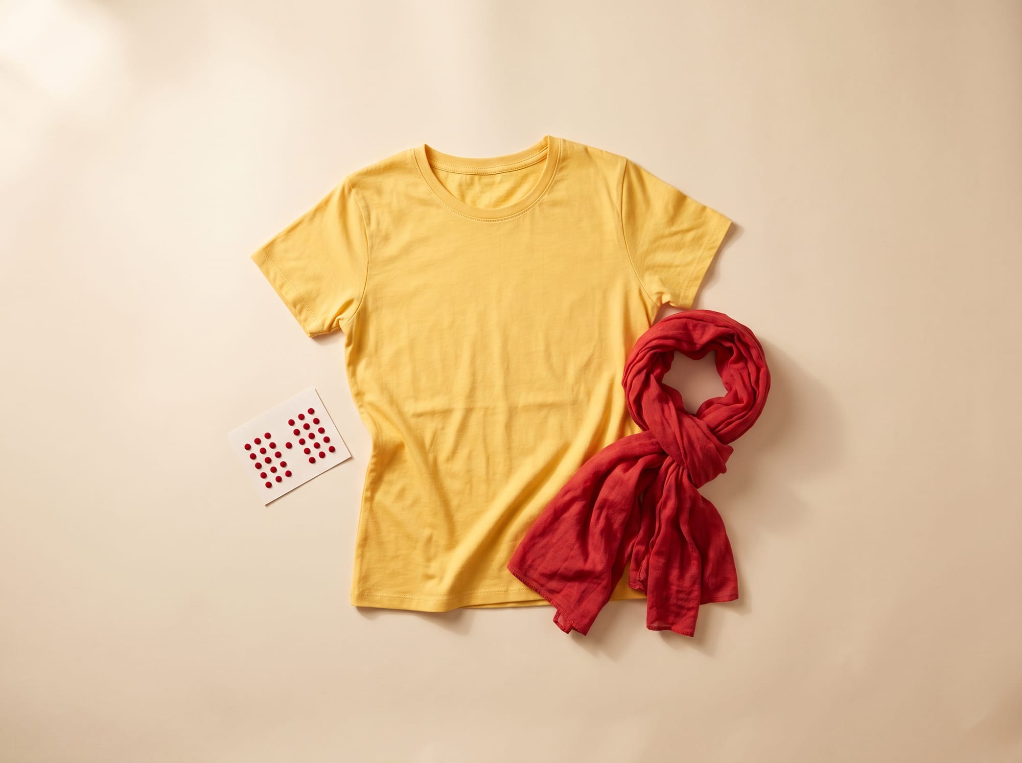 Flat lay of a yellow t-shirt, a red scarf and a card of red bindis.