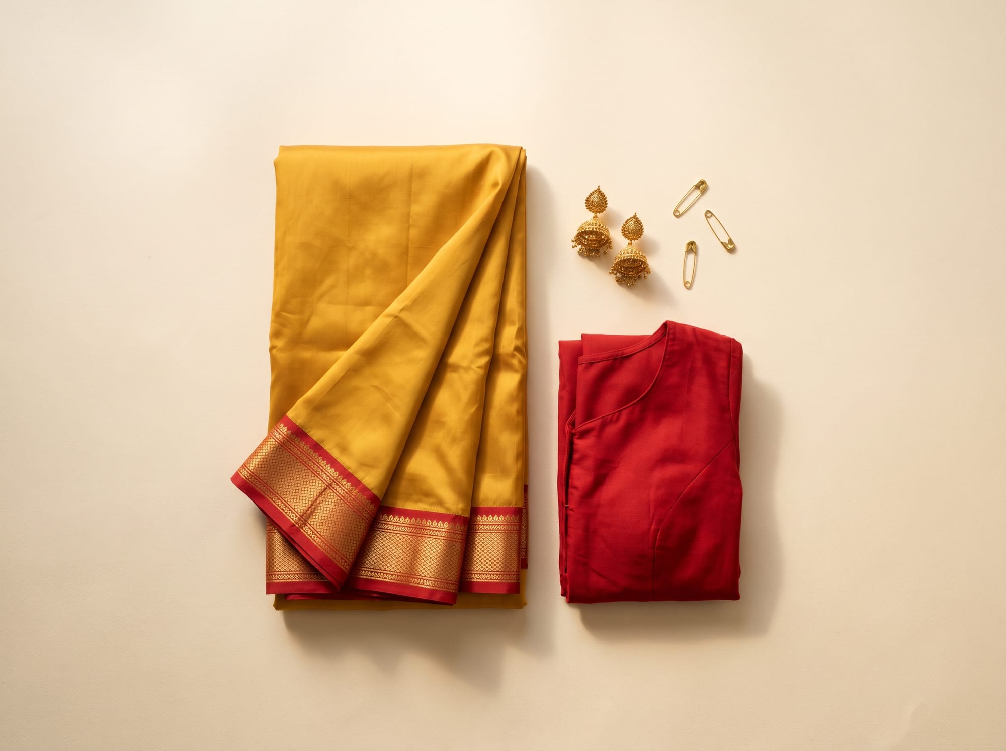 Flat lay of a yellow Mysore silk saree with a red and gold border, a red blouse, gold jhumkas and safety pins.