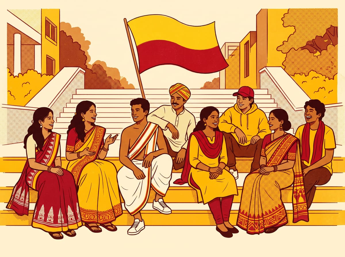 Illustration of eight students in red and yellow Rajyotsava outfits on campus steps, with the Kannada flag behind them.