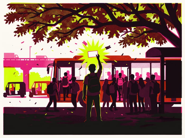 Illustration of a student at a Bengaluru bus stop holding up a bus pass like a winning ticket.