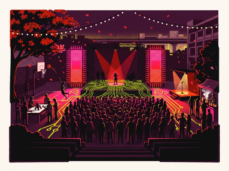 Illustration of a beachside fest stage at dusk with a lighthouse beam.